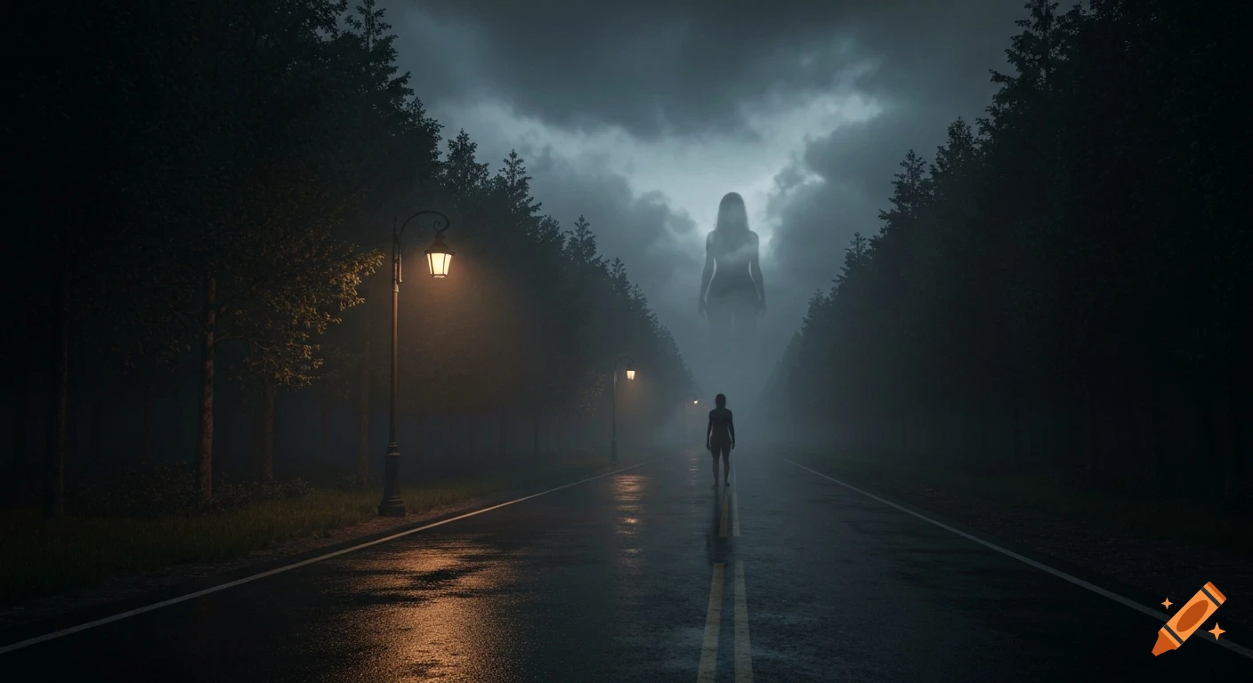 A mysterious night scene with a figure on a wet road, flanked by dark trees and streetlights, under a cloudy sky with a ghostly female silhouette.