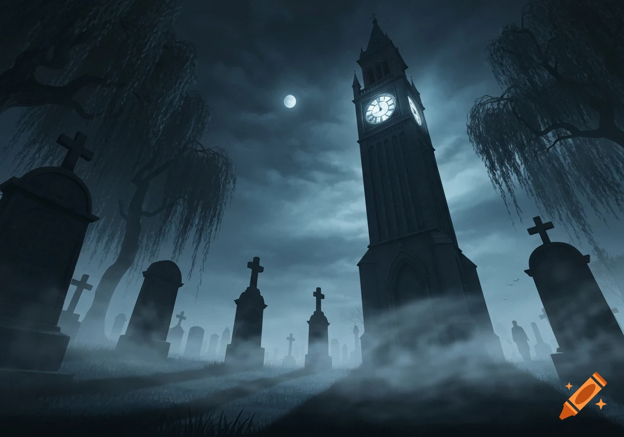 A gothic clock tower looms over a misty graveyard under a full moon, its clocks striking 12.