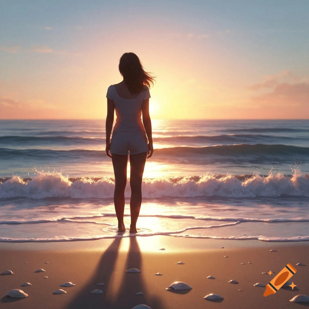 A person stands on a beach facing the ocean at sunset, with waves crashing on the shore.
