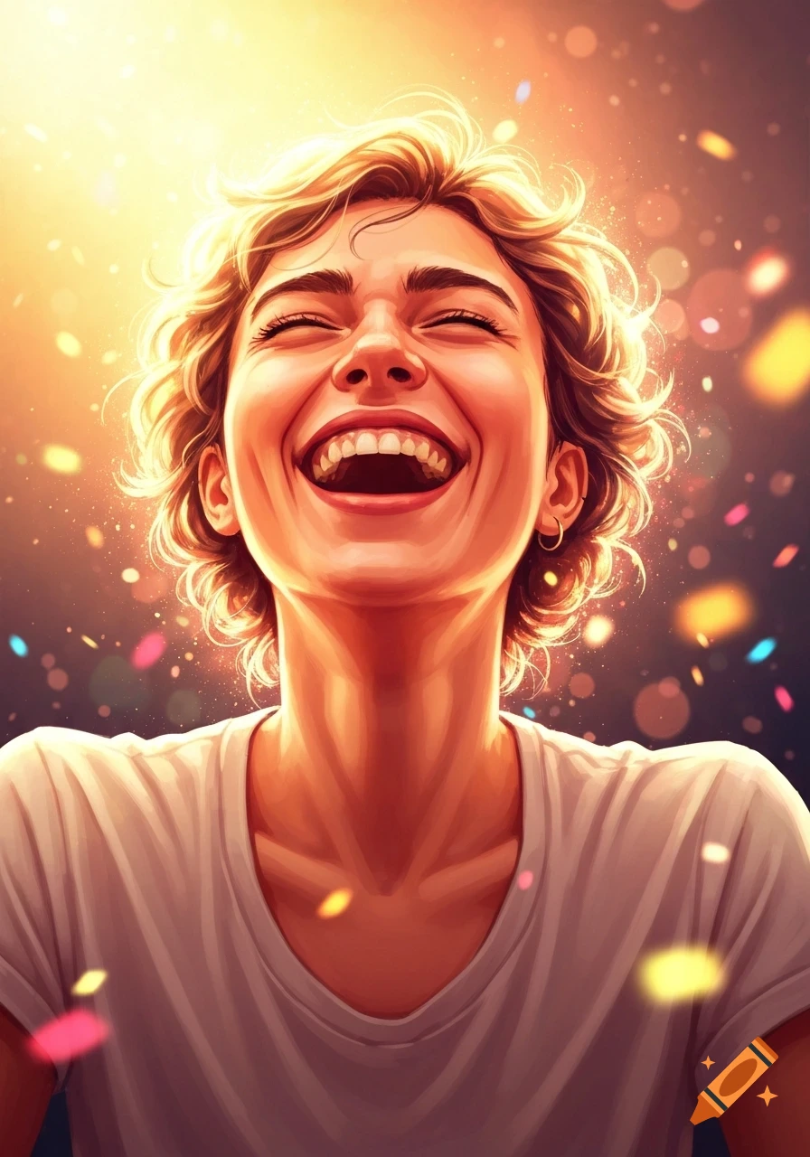A vibrant, stylized portrait of a person with curly blonde hair, laughing joyfully with closed eyes under bright golden light and falling confetti.