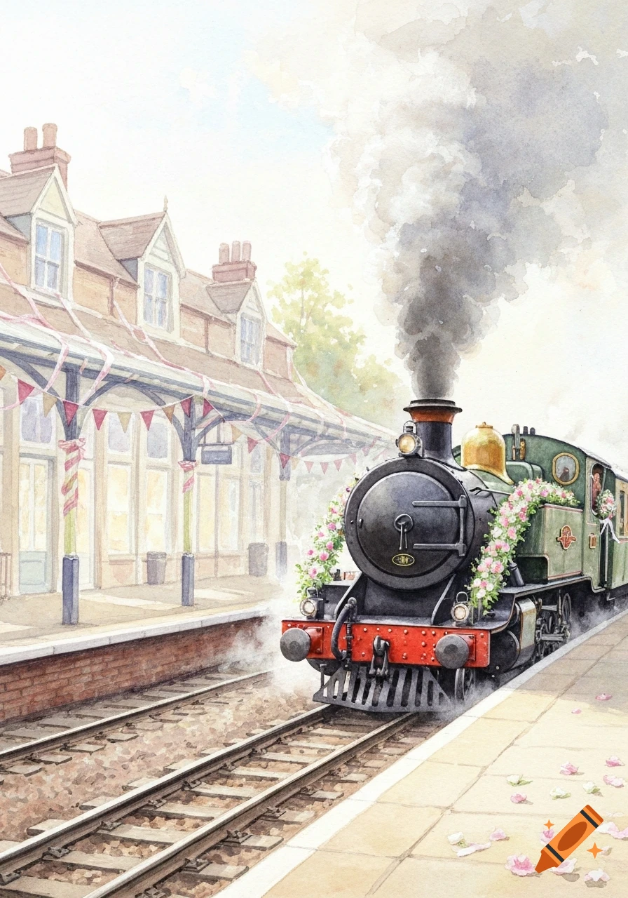Watercolor painting of a decorated train at a festive station with rose petals on the platform.