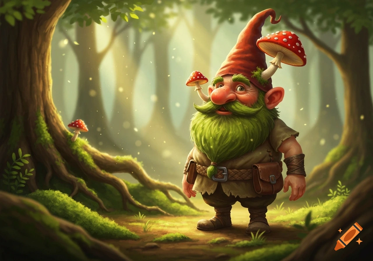 A cheerful, cartoonish gnome with a long green beard and a red hat adorned with mushrooms, stands in a sunlit, mossy forest.