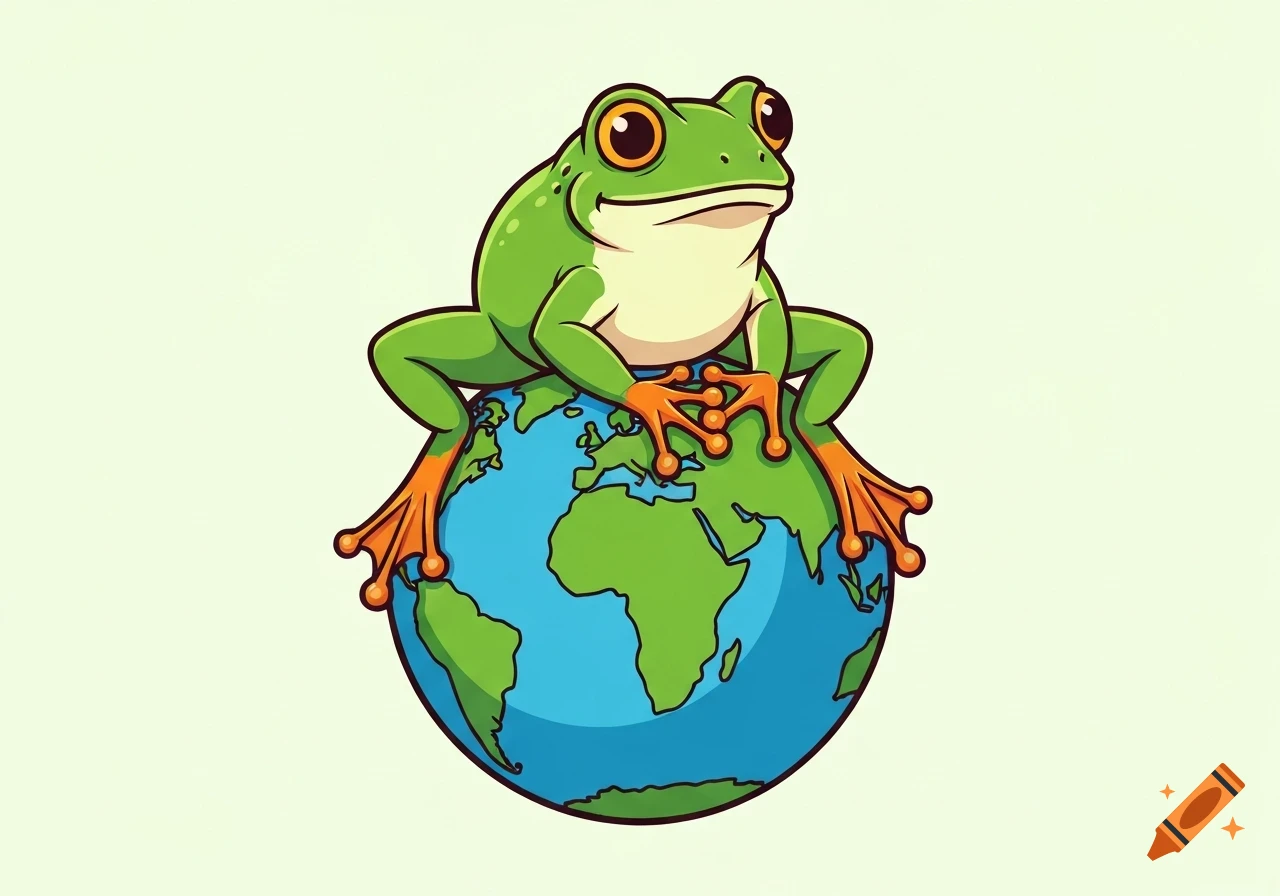 Cute cartoon green frog with orange feet, perched on and embracing a blue and green world globe.