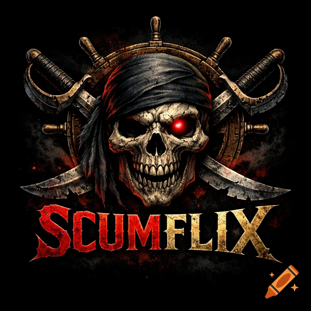A pirate logo featuring a skull with a red eye, bandana, crossed swords, and a ship's wheel above 'SCUMFLIX'.