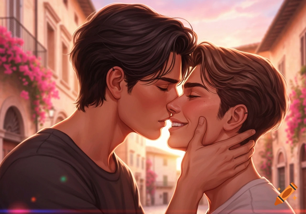 Illustrated digital art of two men about to kiss in a romantic European street scene with pink flowers at sunset.