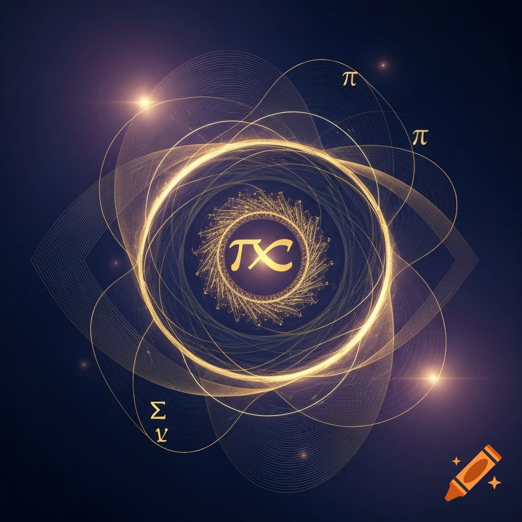 Glowing golden mathematical symbols like pi and sigma, intertwined with abstract light trails on a dark, radial background.