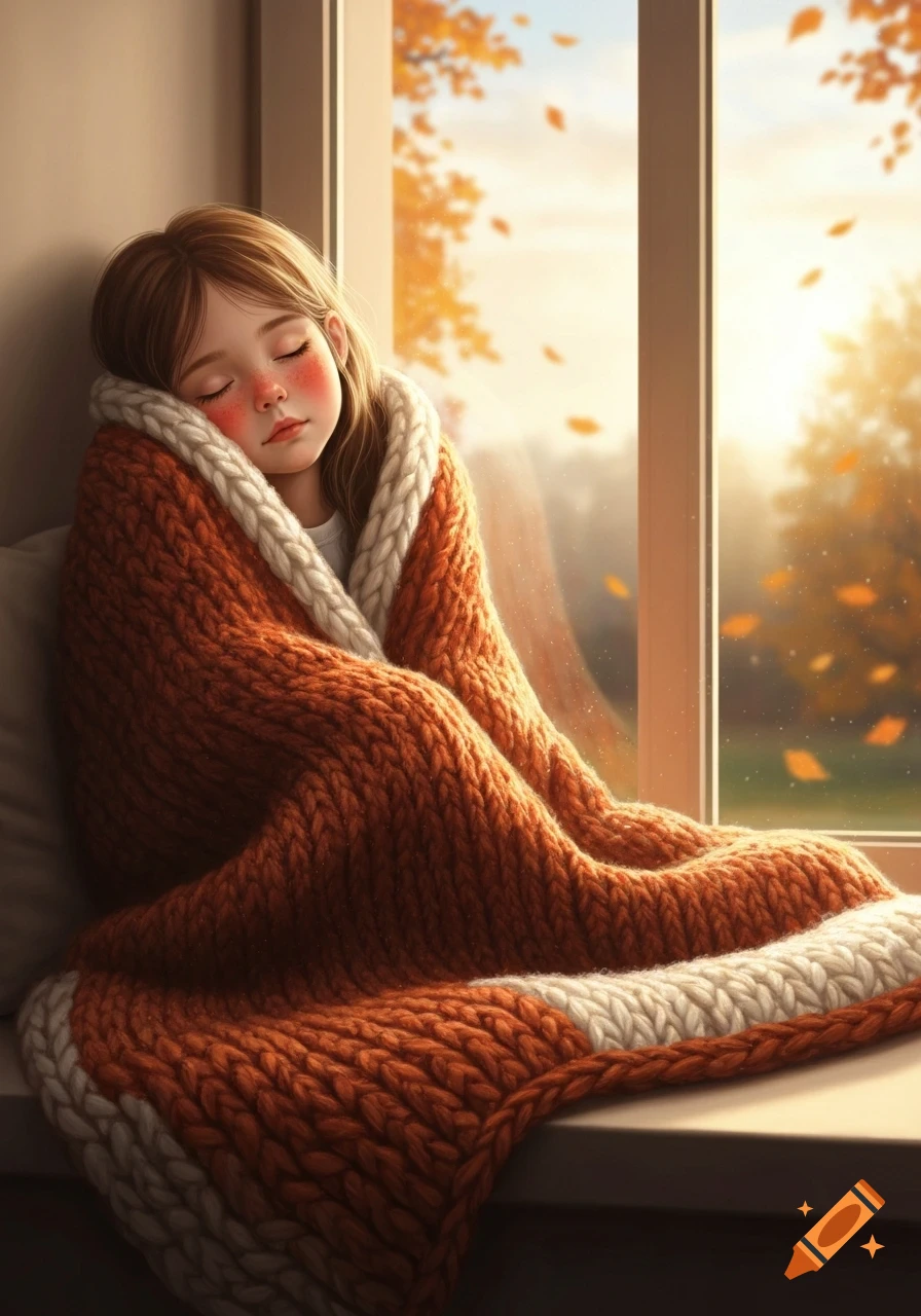 A young girl sleeps peacefully, wrapped in an orange knitted blanket, by a window with autumn leaves falling outside.