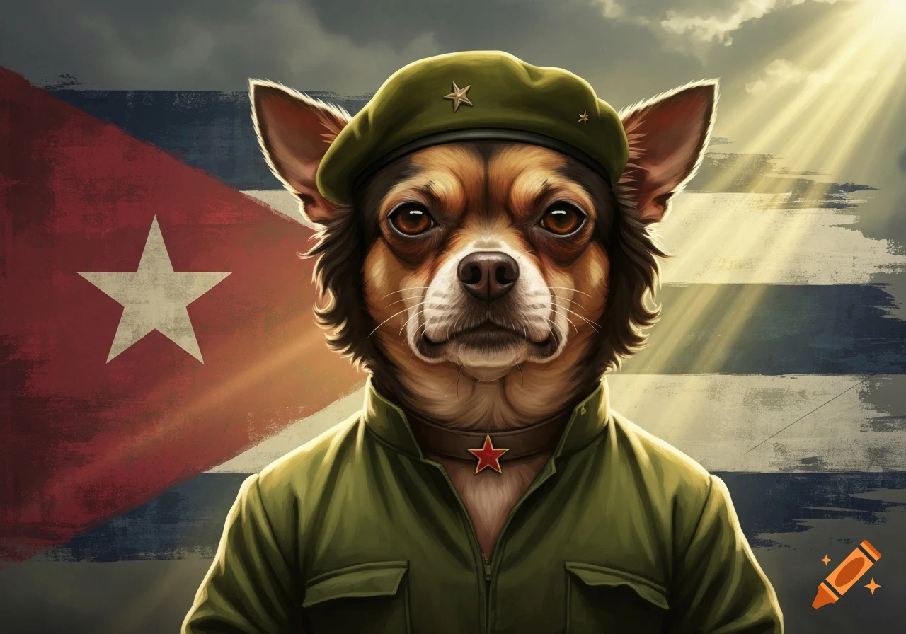 A stylized portrait of a chihuahua dog wearing an olive green military uniform and beret, set against a grunge-textured Cuban flag with sun rays.