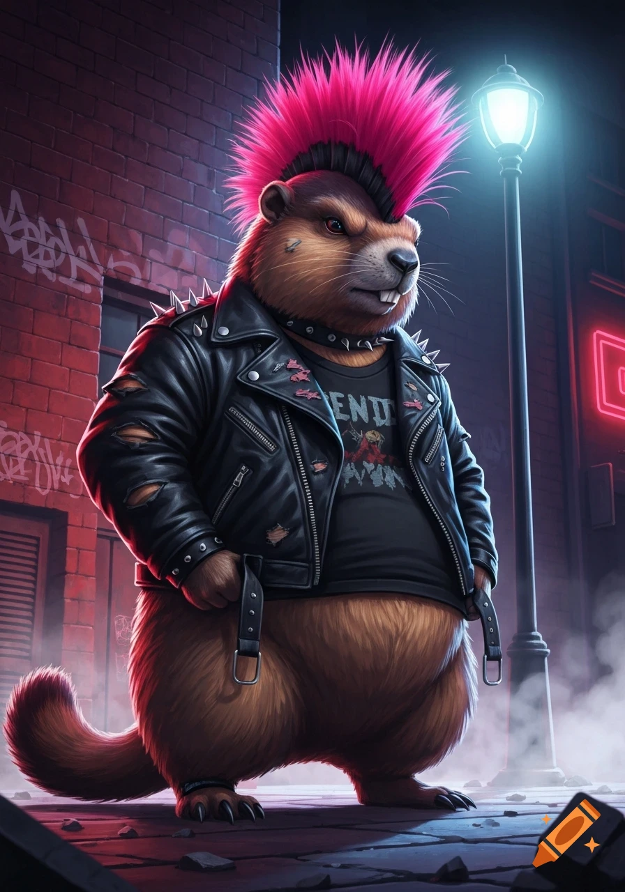 An anthropomorphic marmot with a bright pink mohawk wears a spiked leather jacket and black t-shirt, standing in a dimly lit urban alley with brick walls and a street lamp.