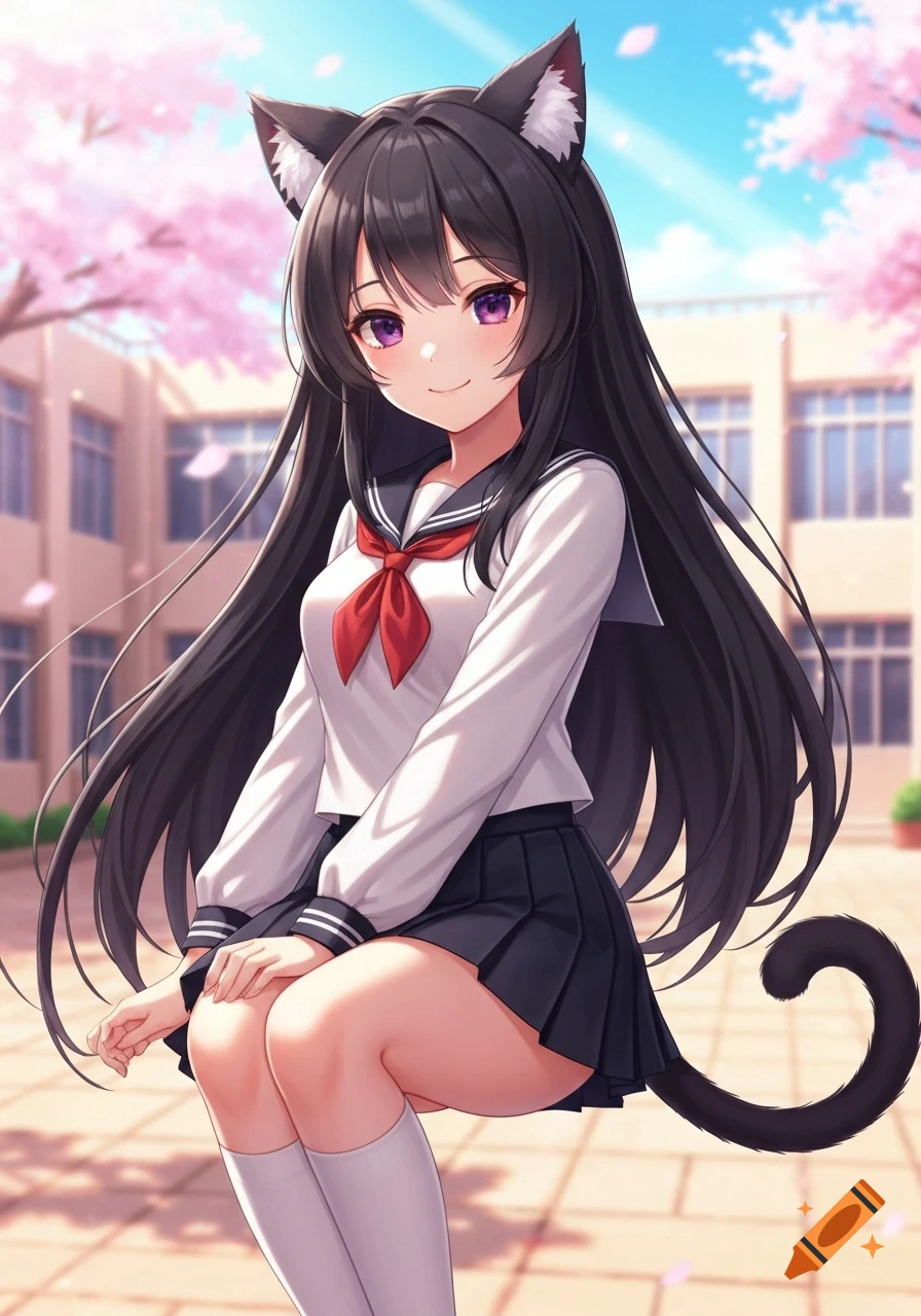 Anime catgirl with long black hair and purple eyes, wearing a school uniform, sitting and smiling in a schoolyard with cherry blossoms.