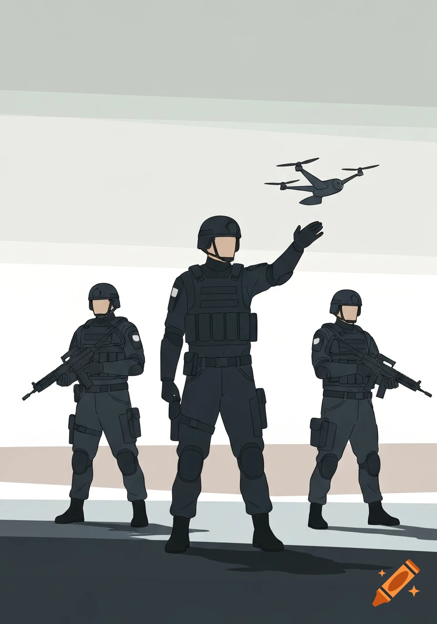 Minimalist illustration of three soldiers in tactical gear, one launching a drone while two others stand guard with rifles against an abstract background.