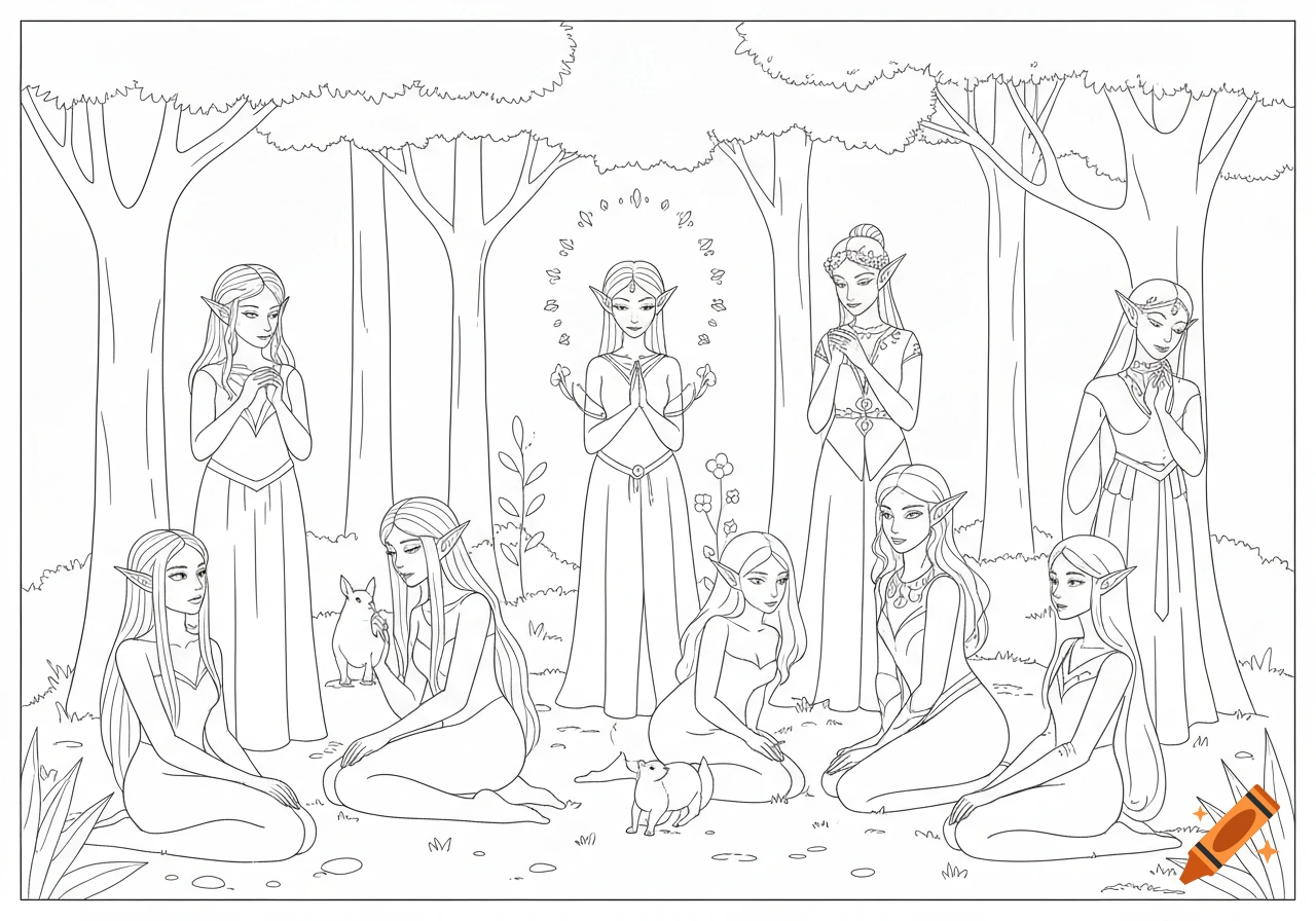 Black and white line art coloring page depicting several female elves in a forest clearing with small animals.