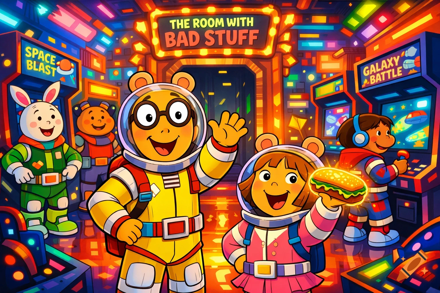 Cartoon characters Arthur and DW Read in space suits wave in a vibrant neon arcade with games and other animal characters.