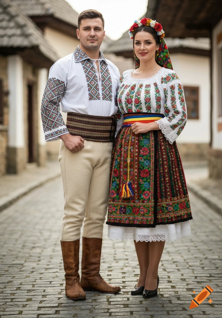 A man and woman in intricate traditional Romanian folk clothing stand on a cobblestone street.