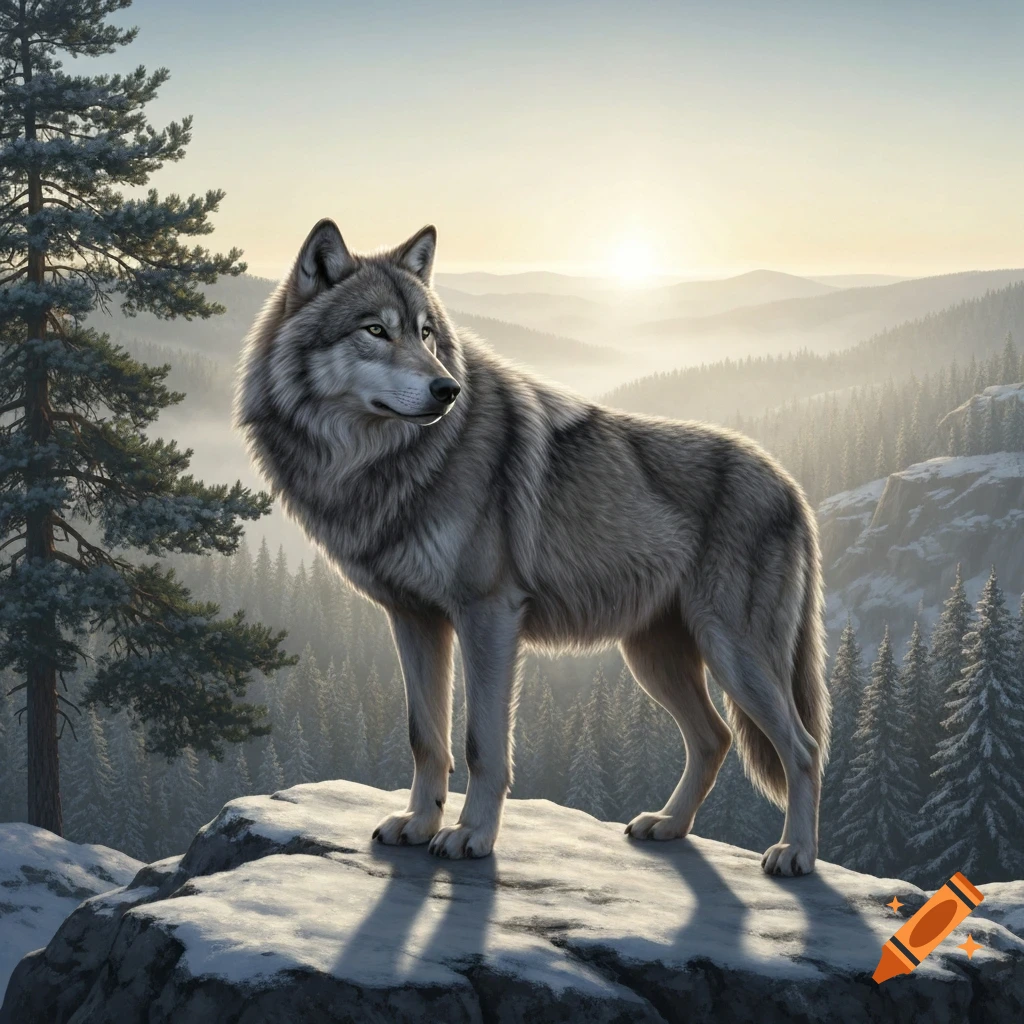 A photorealistic grey wolf stands on a snow-covered rock, looking right, in a winter mountain landscape at sunrise.