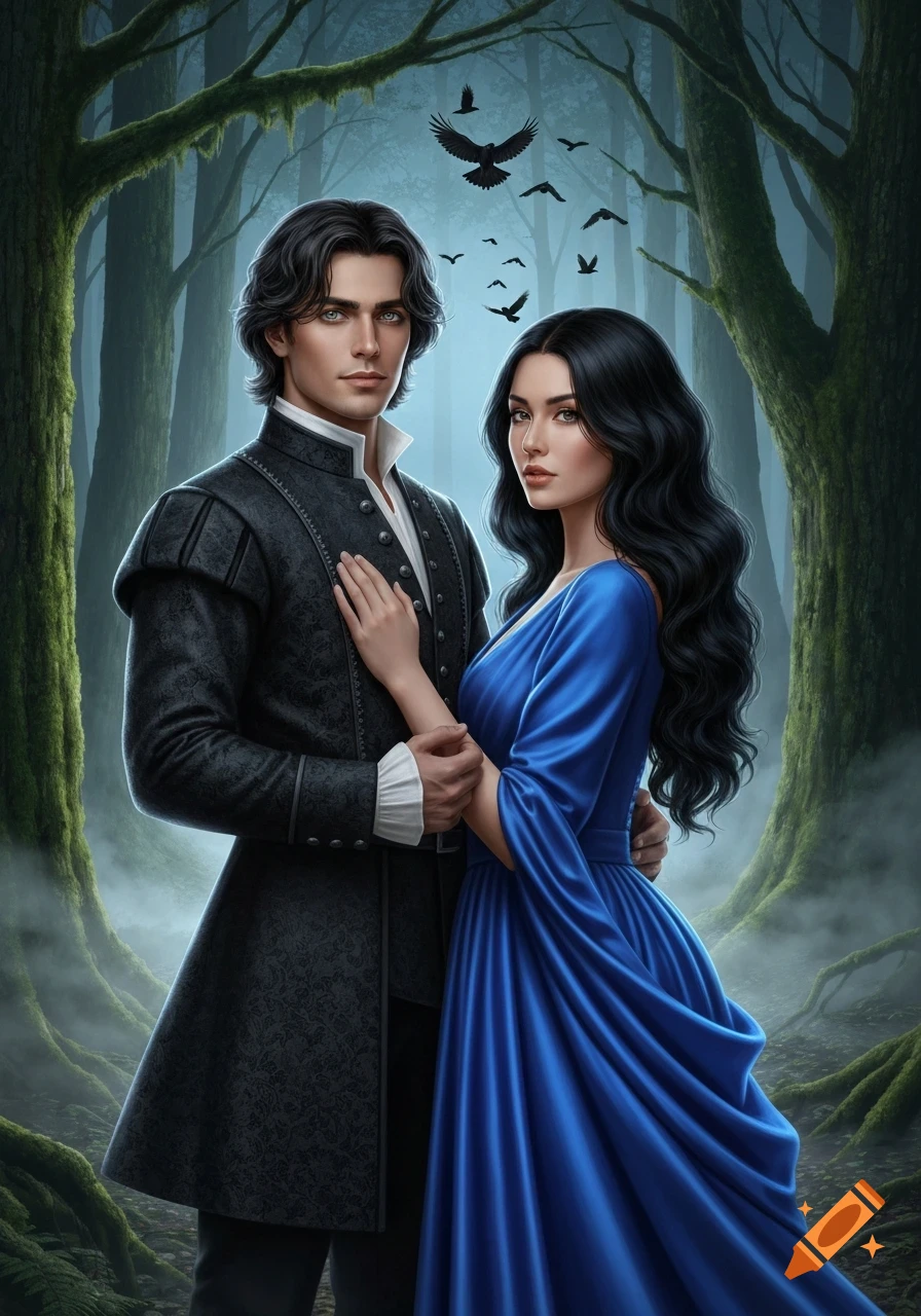 A man and woman in historical fantasy attire stand embraced in a dark, misty forest with mossy trees and ravens flying overhead.