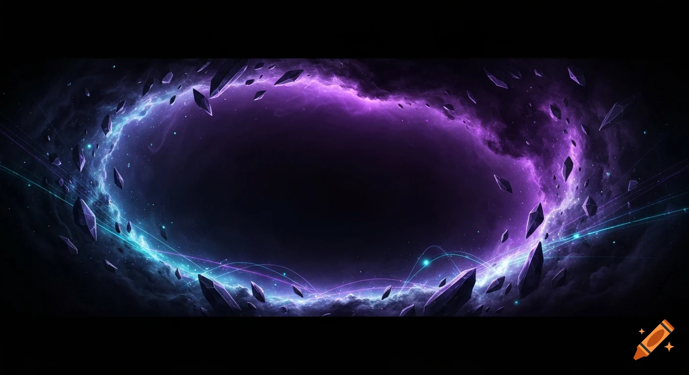 Dark cosmic void with swirling purple and blue energy, glowing ley ...