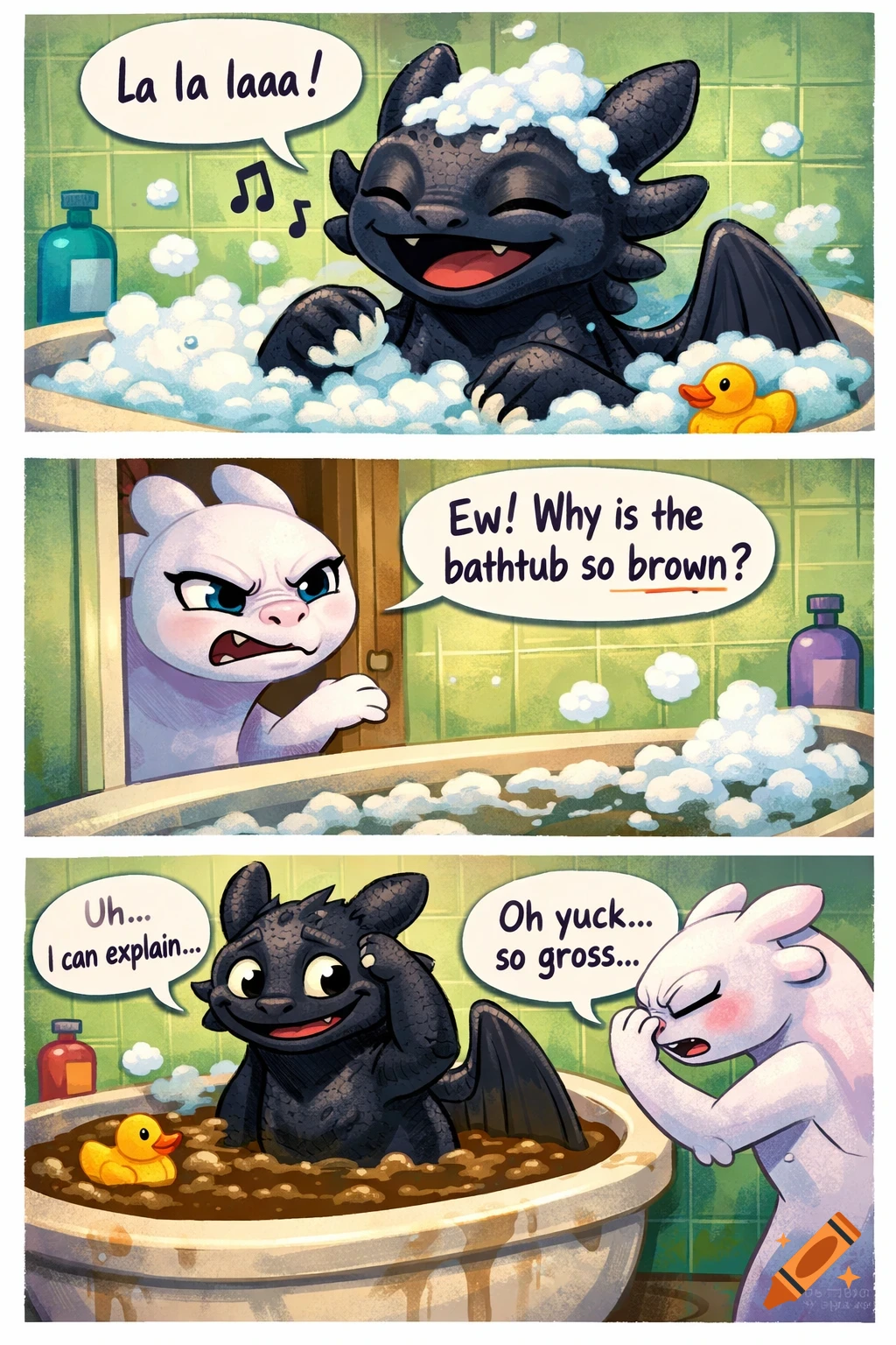 A three-panel comic strip featuring Toothless and Light Fury dragons. First, Toothless sings happily in a bubble bath. Second, Light Fury looks disgusted, asking why the tub is brown. Third, Toothless looks sheepish in a tub of dirty brown water while Light Fury holds her nose in disgust.