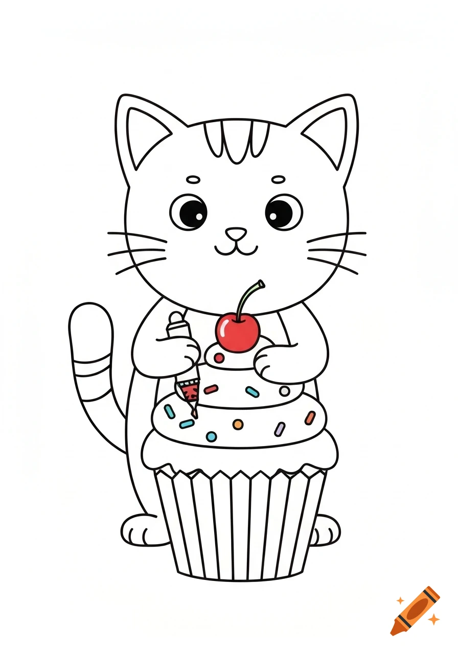 A cute coloring page of a cartoon cat decorating a cupcake with frosting, sprinkles, and a cherry.