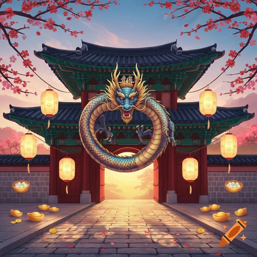 A stylized blue and gold dragon forms a loop in front of a traditional Korean gate, flanked by red cherry blossoms and glowing lanterns, with gold ingots and coins on the stone path at sunset, in an illustrative style.
