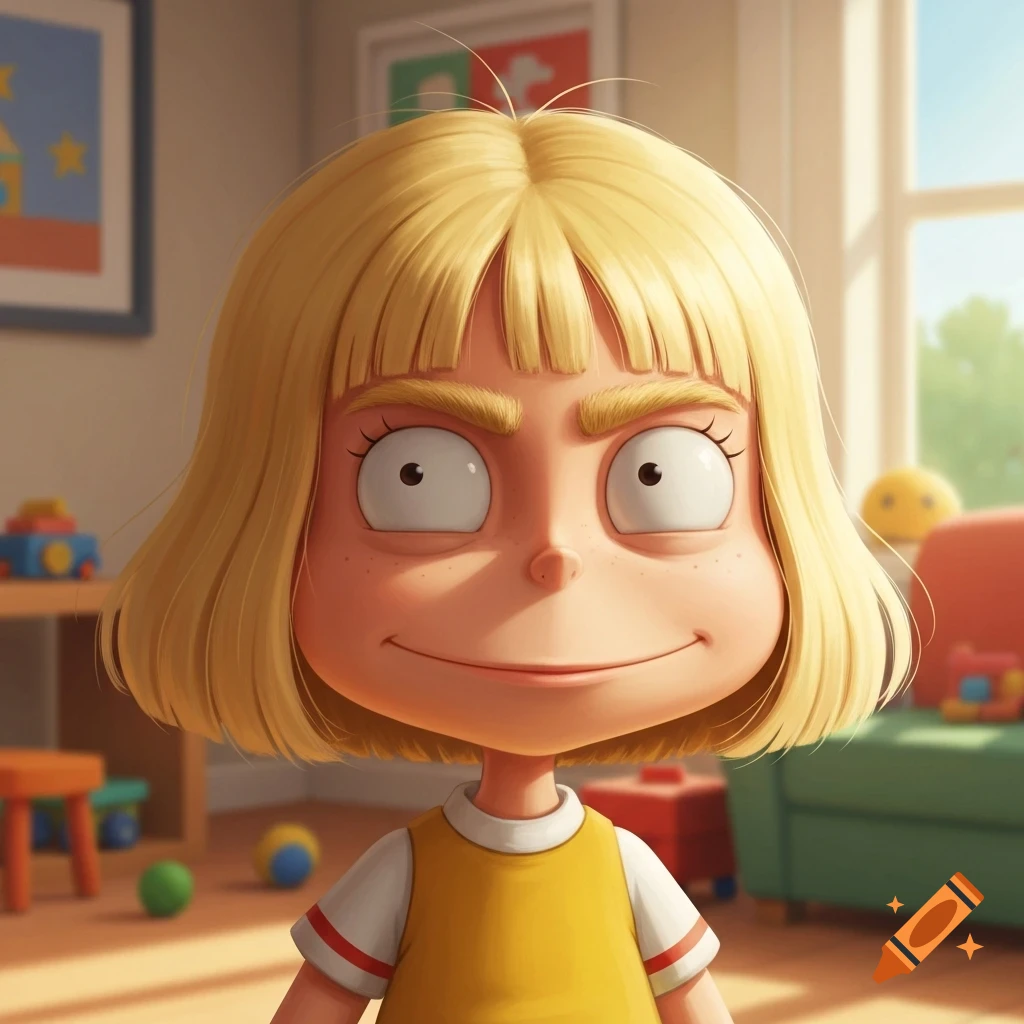 A stylized cartoon child with blonde hair and a unibrow smiles, standing in a toy-filled room.