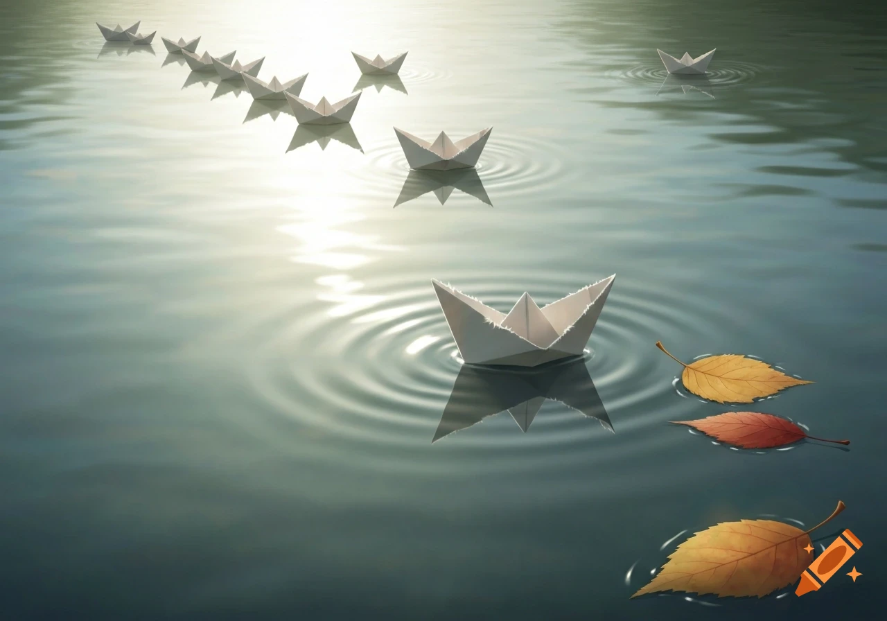 White paper boats floating on calm water with ripples, reflections, and fallen autumn leaves.