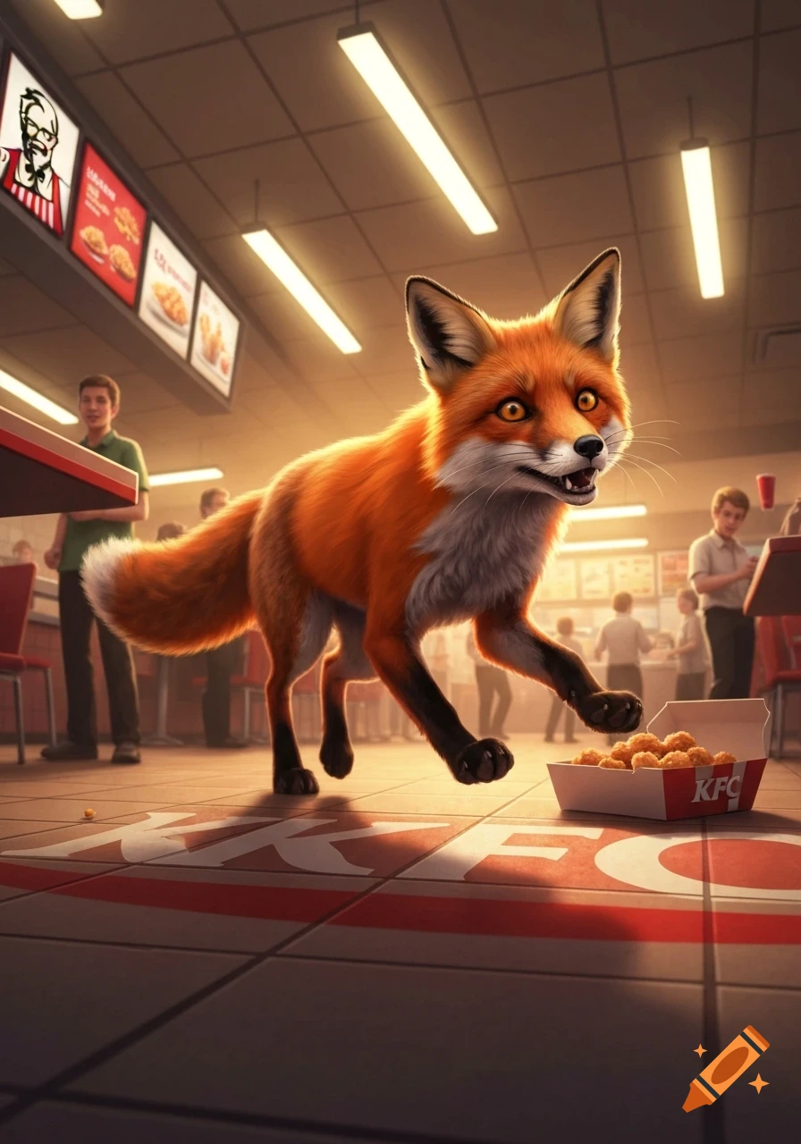 A photorealistic red fox runs across the floor of a KFC restaurant, past a box of chicken popcorn and blurred customers.