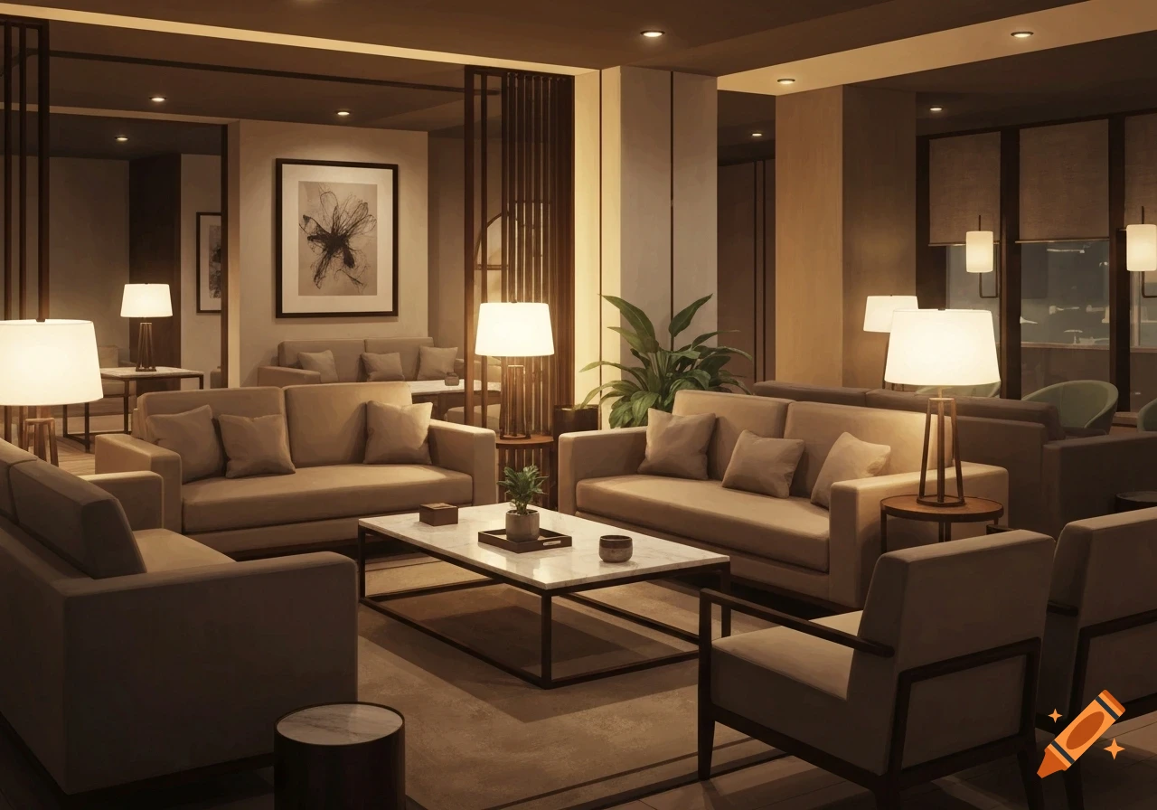 A modern, well-lit lounge interior with multiple beige sofas and armchairs, marble coffee tables, and elegant floor lamps.