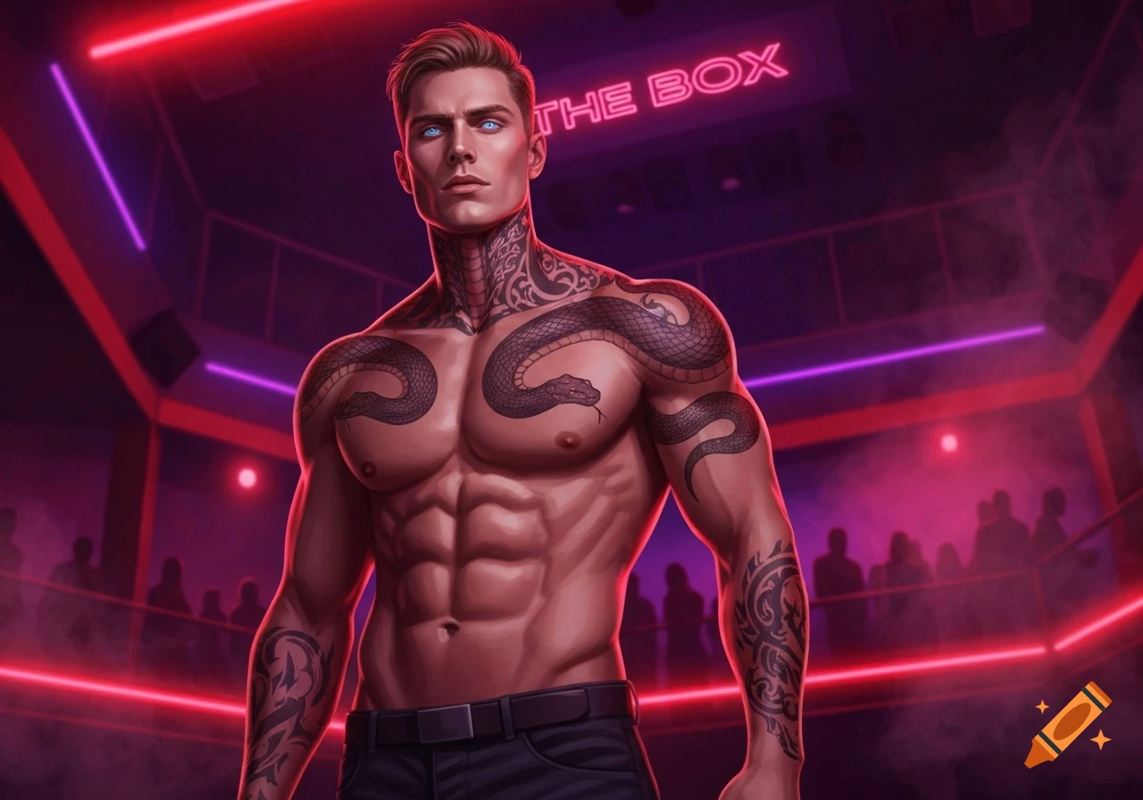 A muscular man with snake and tribal tattoos on his chest and neck stands in a neon-lit nightclub with "THE BOX" sign.