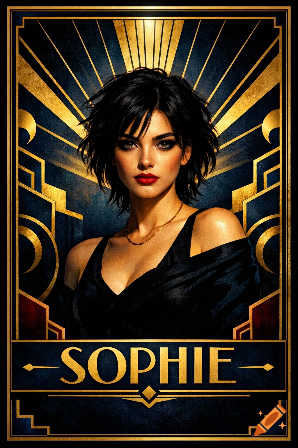 Art Deco poster of a woman named Sophie with short dark hair and red lipstick, against a gold and dark blue geometric background.