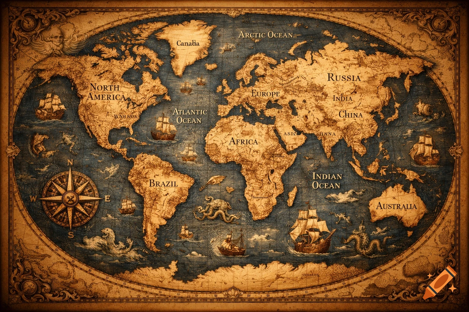 An antique-style world map with continents, oceans, sailing ships, sea monsters, and a compass rose. The map has a worn, parchment texture and a decorative border.
