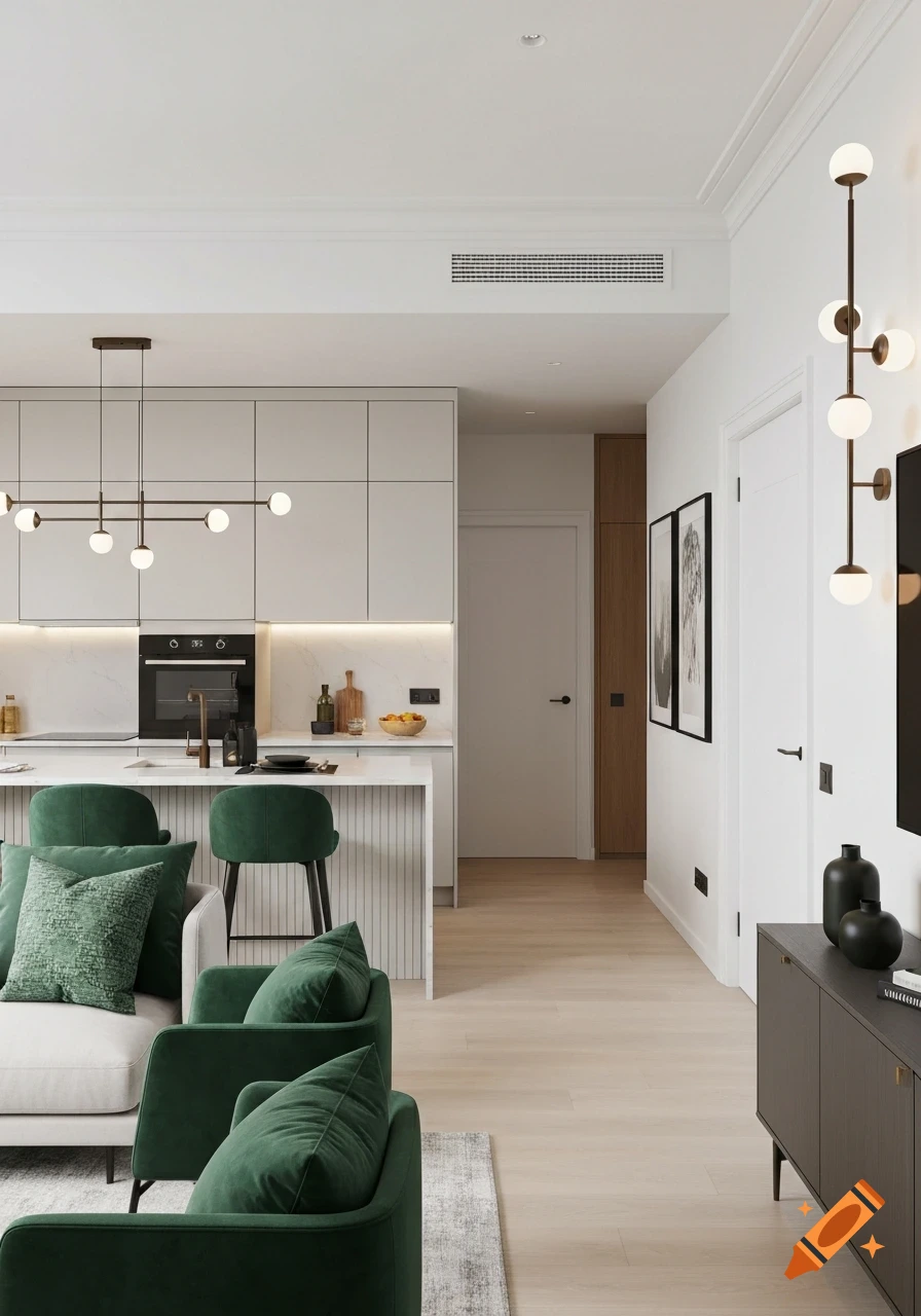A modern open-plan living room and kitchen featuring green velvet armchairs, a white sofa, and light grey kitchen cabinets with a breakfast bar.