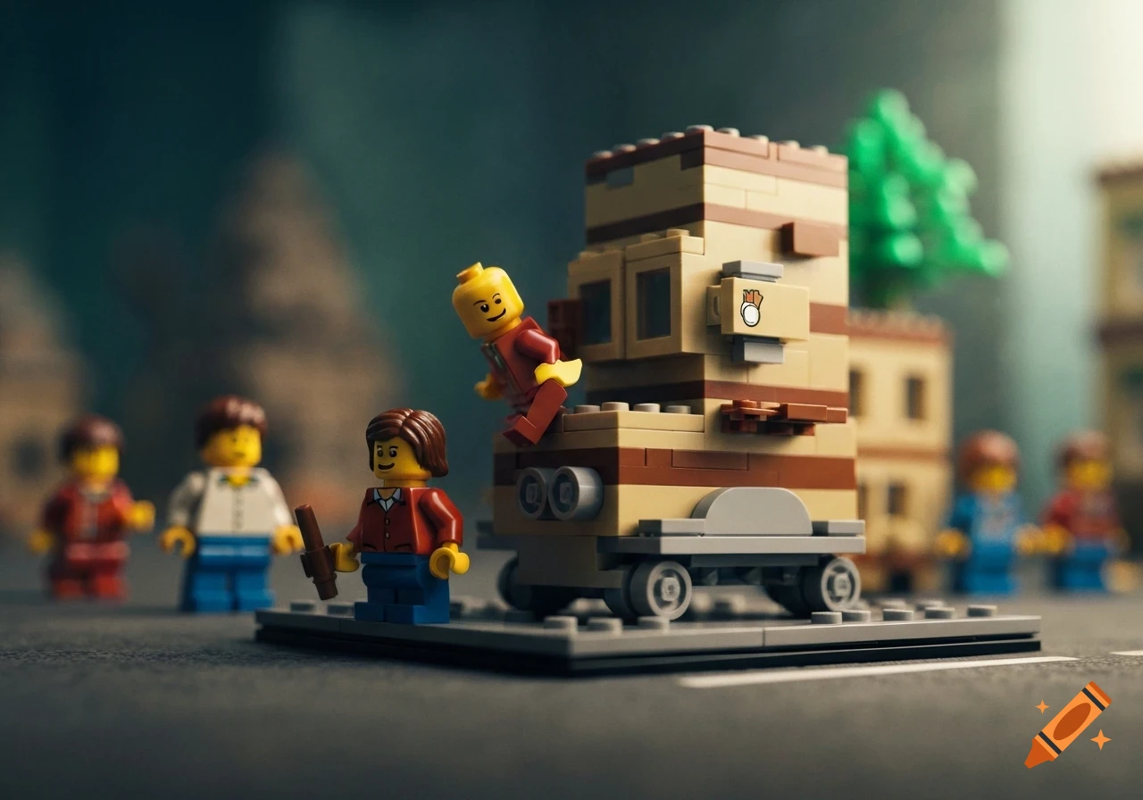Photorealistic Lego scene featuring minifigures, one climbing a cart-like building, another holding a stick on a street.