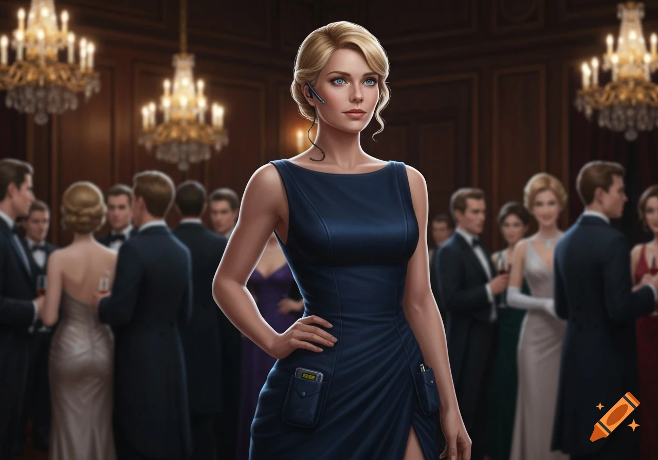 A blonde woman in a navy blue formal dress with a headset stands like a secret agent at a glamorous formal event with chandeliers and blurred guests.