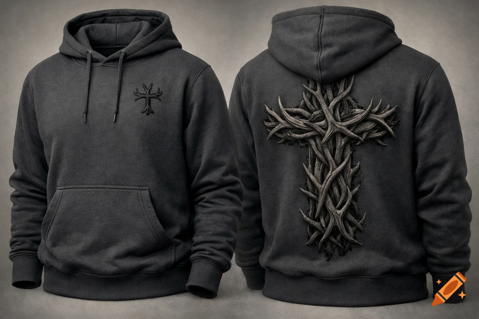 Two dark gray hoodies. The front view has a small antler cross logo on the chest. The back view displays a large cross made of tangled antlers.