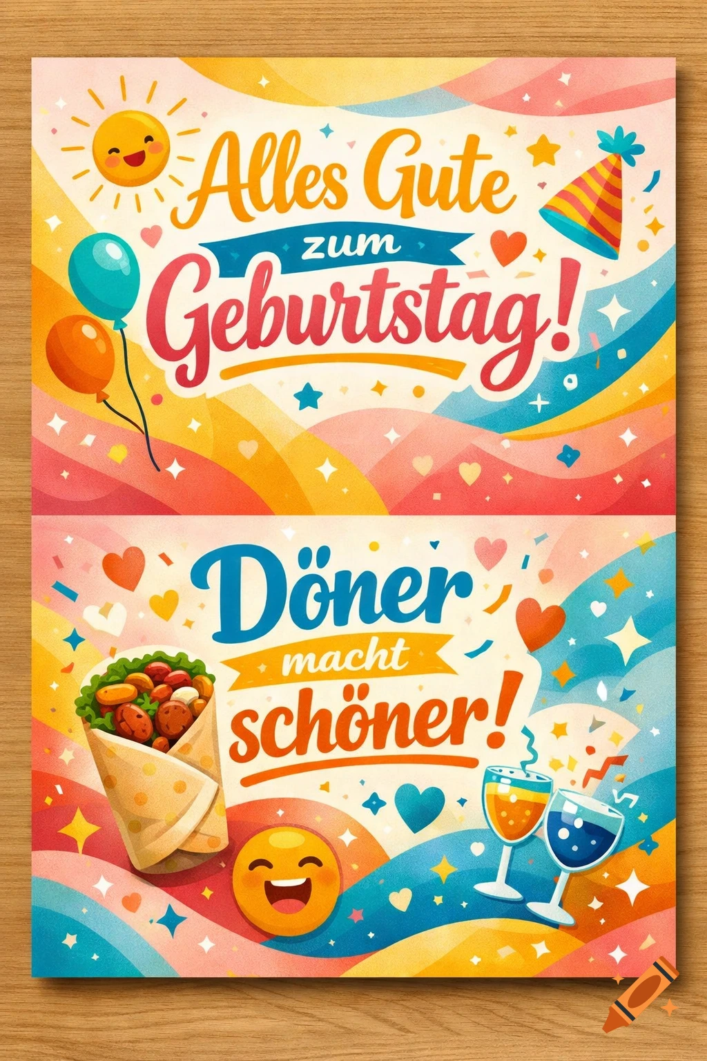 Vibrant cartoon birthday card with 'Alles Gute zum Geburtstag!' text, a döner kebab, party hat, balloons, and drinks.
