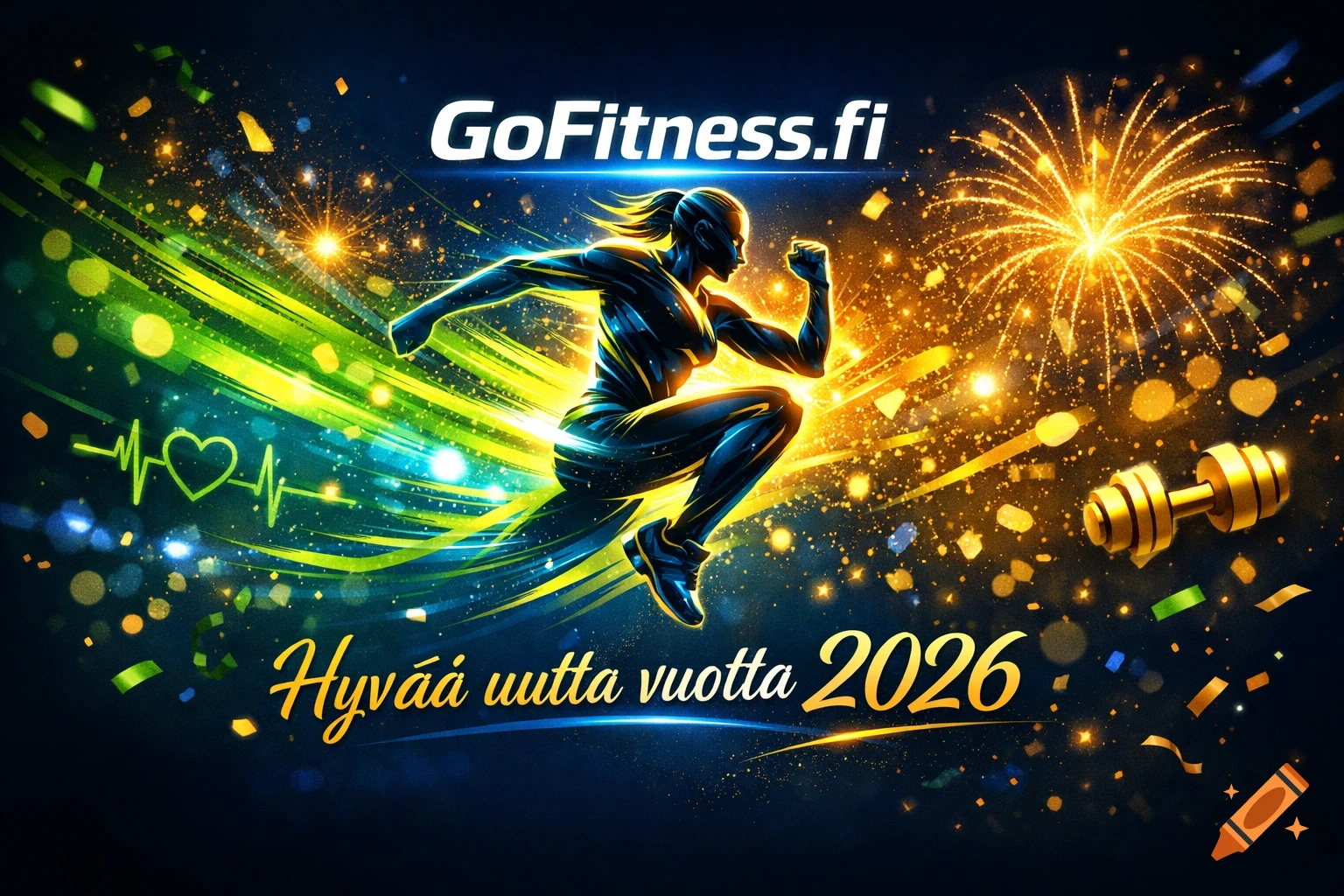 Dynamic fitness banner with a running figure, fireworks, a dumbbell, and text 'GoFitness.fi - Hyvää uutta vuotta 2026'.