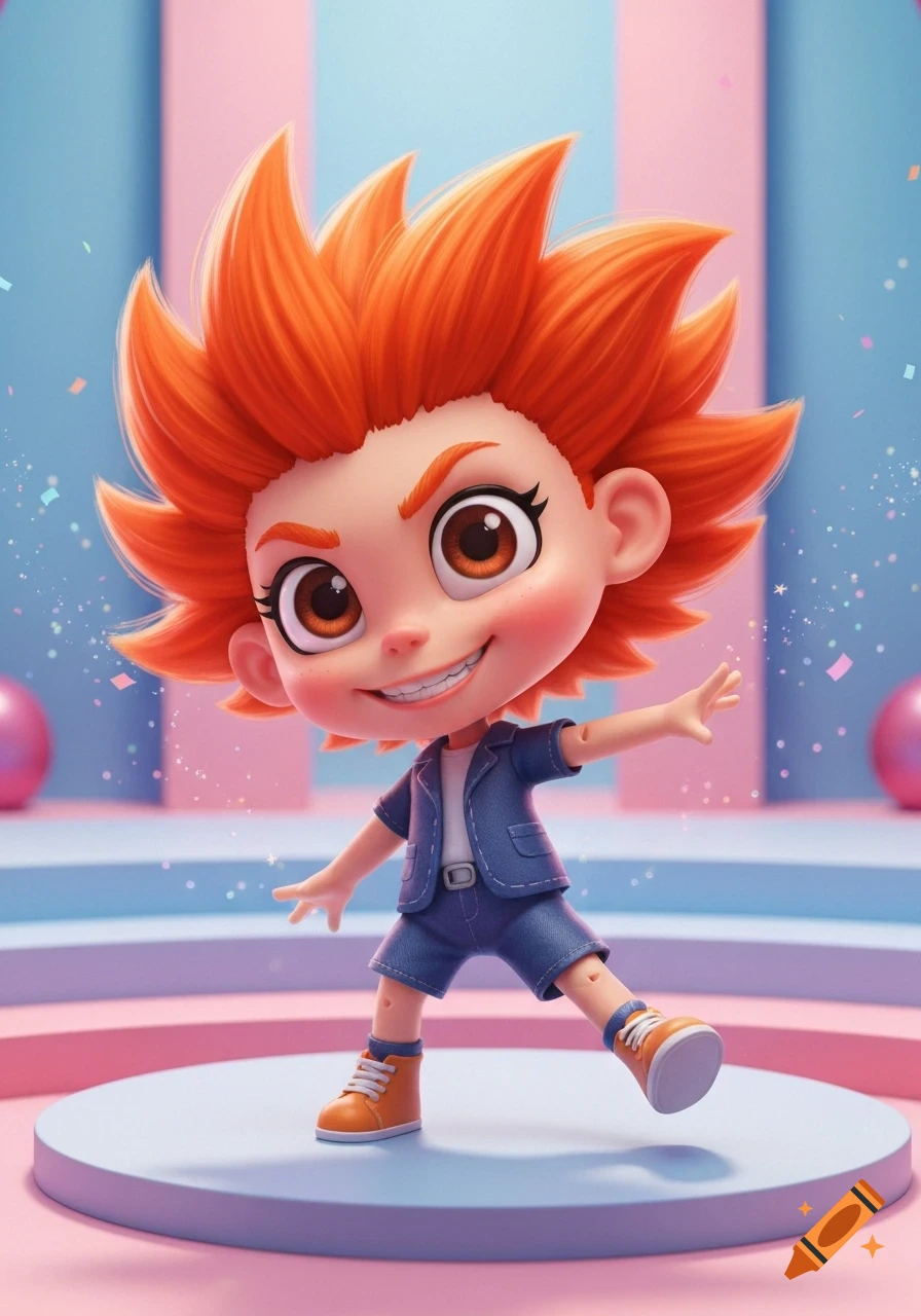 A cute, stylized character with spiky orange hair and brown eyes, wearing a blue denim outfit, posing on a stage with confetti.