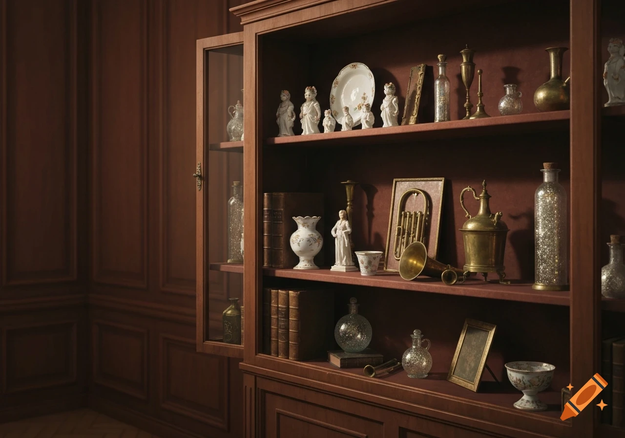 A dark wooden display cabinet filled with antique figurines, ornate vases, glass bottles, old books, and brass instruments in a paneled room.