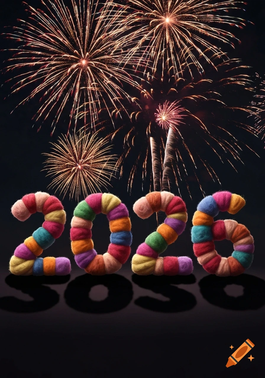 Brightly colored numbers '2026' made of wool stand against a dark night sky filled with golden and red fireworks.