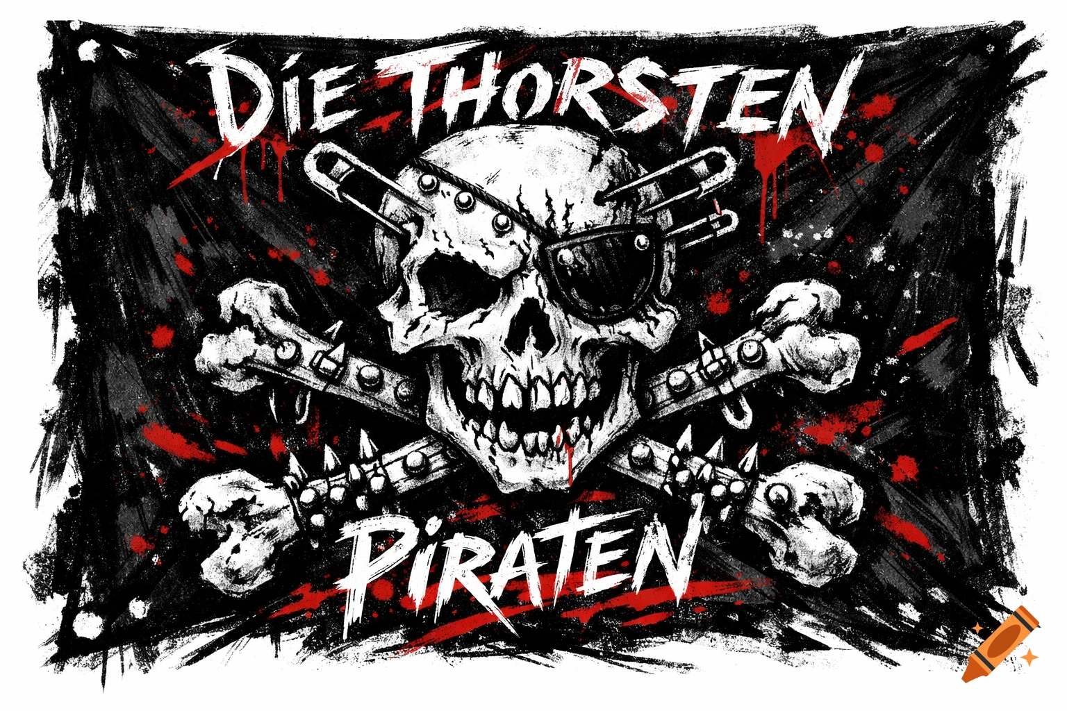 Gritty punk-style flag with a skull, eye patch, crossed bones, safety pins, and 'DIE THORSTEN PIRATEN' text.