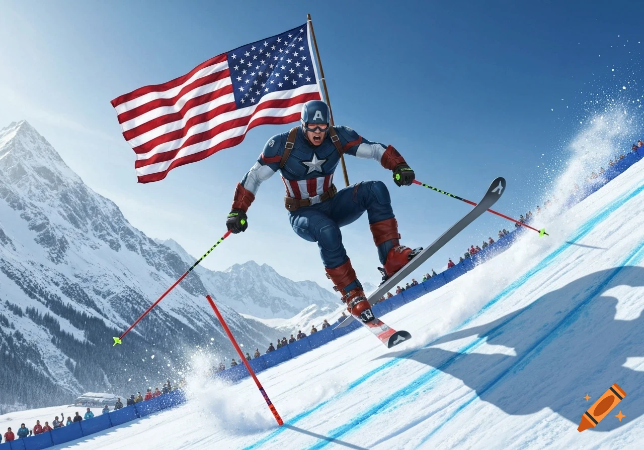 Captain America downhill skiing on a snowy mountain slope with a large American flag waving in the background, photorealistic style.
