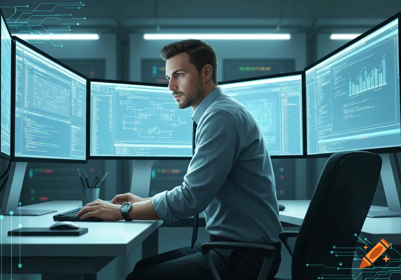 A man in a shirt and tie works intently at a desk with multiple glowing computer monitors displaying code and diagrams in a server room.