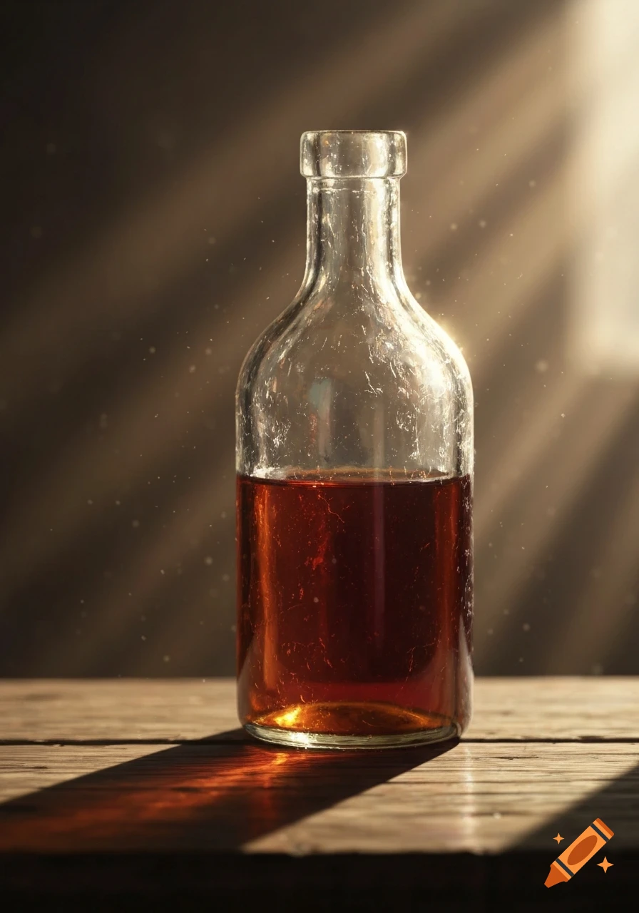 Photorealistic close-up of a glass bottle with amber liquid on a wooden table, illuminated by dusty sunbeams.