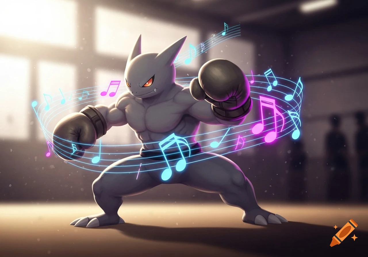 A muscular, gray, bipedal creature resembling a Hitmontop wearing boxing gloves in a gym, surrounded by glowing musical notes.