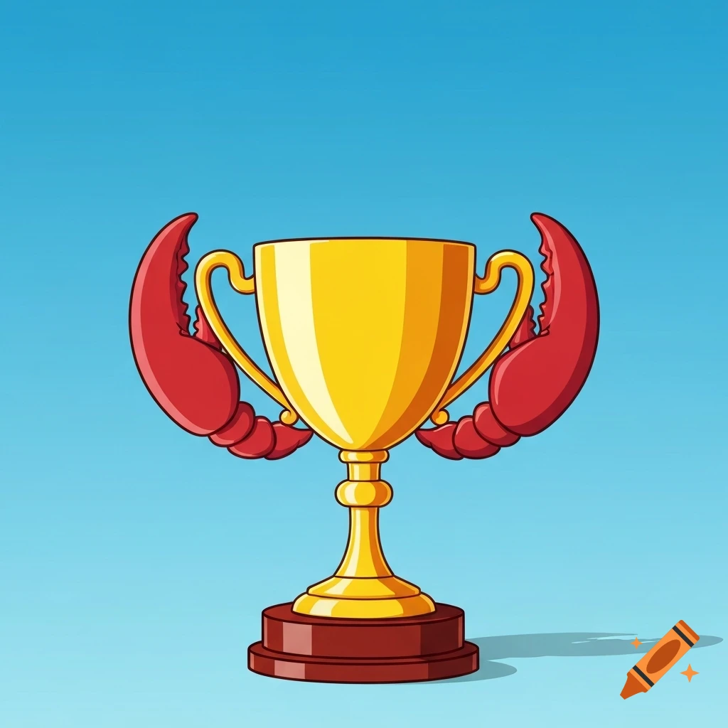 A cartoon rendering of a golden trophy cup with red lobster claws as handles, set against a simple blue background.