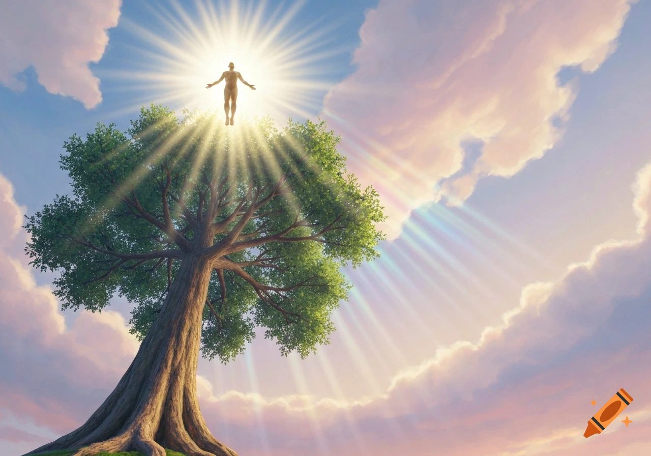 A radiant figure ascends from a majestic tree into a colorful, cloudy sky with light beams, evoking a mystical scene.