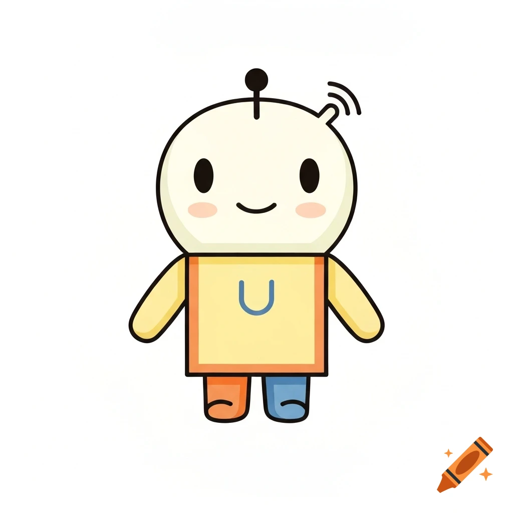 Friendly 2D flat robot mascot with a white rounded head, yellow body, and a blue 'U' symbol on its chest.