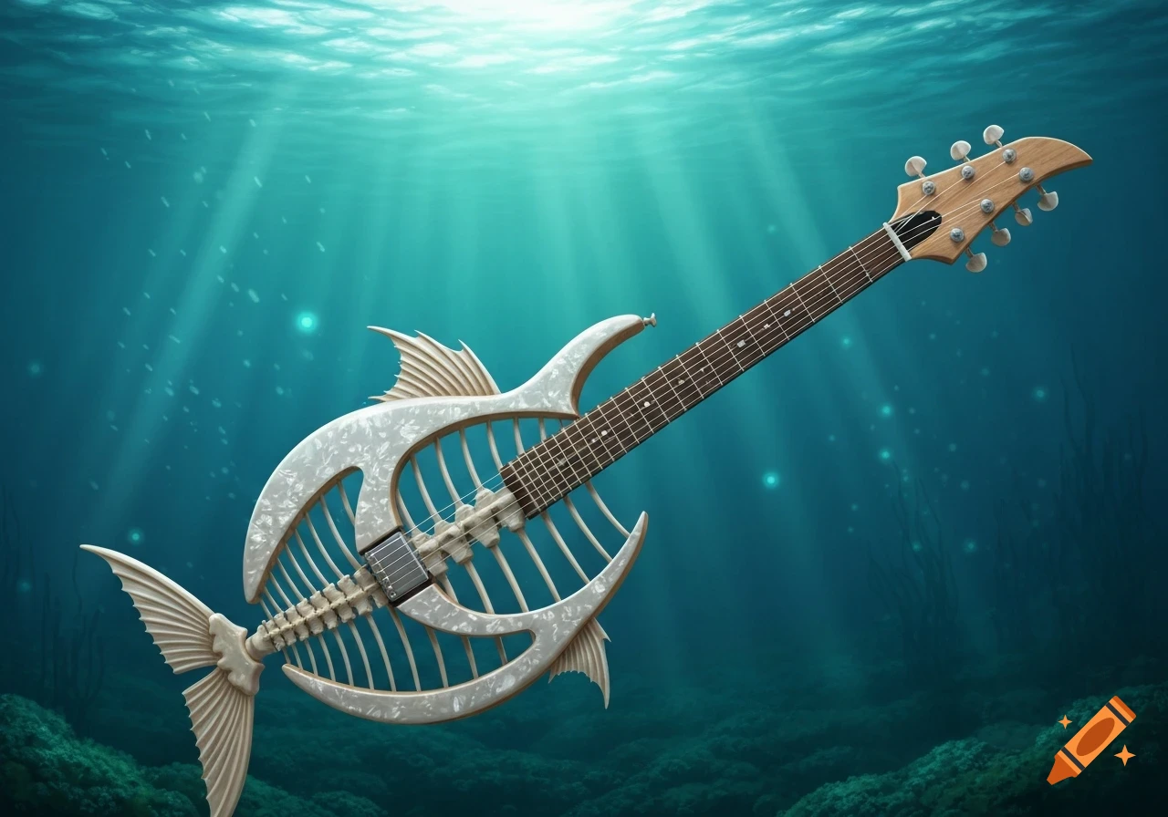 A white fish skeleton-shaped guitar floats underwater with sun rays shining through the surface.