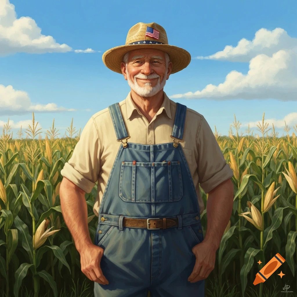 Smiling old farmer in a straw hat with an American flag, wearing overalls, standing in a cornfield under a blue sky, digital painting.